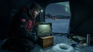 Angler viewing a portable night vision ice fishing camera display on a frozen lake.