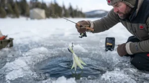 An angler holding a fishing rod and demonstrating a jigging motion with a lure over an ice hole.
