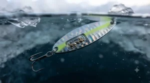 Illustration highlighting sound-chamber rattle jigging spoons for ice fishing in murky water or low-light winter days.