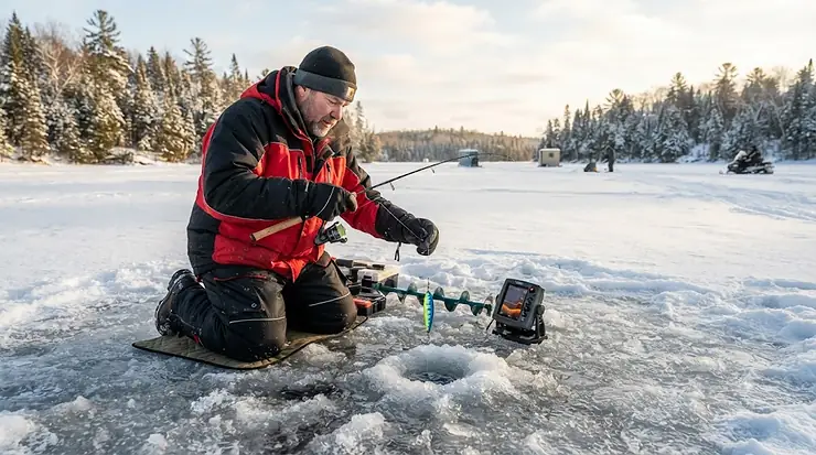 An assortment of colorful rattle spoons for ice fishing laid out on thick Canadian lake ice next to an auger hole, targeting walleye and perch.