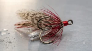 Detailed view of a feathered treble hook and rattle chamber on flutter spoons for ice fishing.