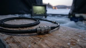Heavy-duty, cold-resistant cable connection for a night vision ice fishing camera.