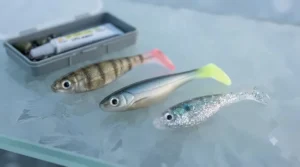 Soft plastic minnow bait rigged on a small jig for finesse ice fishing.
