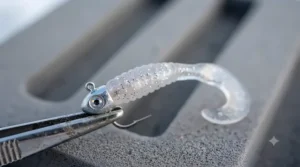 Soft plastic curly-tail grub attached to a crappie ice fishing jig, showing underwater flutter.