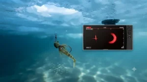 Display of walleye jigs visible on forward-facing sonar during ice fishing.