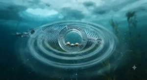 Infographic style illustration depicting acoustic sound waves traveling through water from rattle spoons ice fishing lures to attract predator fish.
