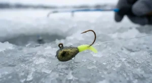 Tungsten panfish jig for deep water ice fishing.