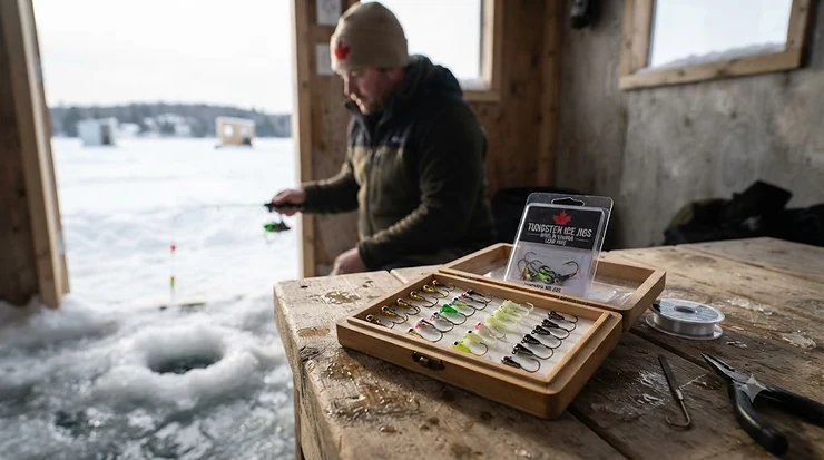 Assortment of high-density tungsten jigs for Canadian ice fishing, displayed on a wooden surface. tungsten jigs for ice fishing