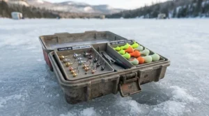 Ice angler selecting tungsten vs lead jigs to target perch and crappie.