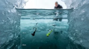 Comparison chart showing how small tungsten jigs sink faster than lead jigs in ice fishing holes.