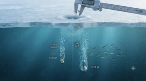 Infographic showing faster sink rate of tungsten vs lead jigs in cold water.