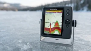 Sonar screen showing distinct returns for tungsten vs lead jigs under the ice.