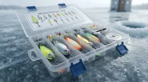 Graphic layout of UV and glow-in-the-dark rattle spoons ice fishing options suited for low-light conditions across Canadian winters.