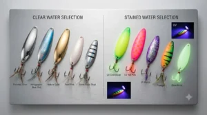 UV glow and metallic color options of flutter spoons for ice fishing in stained or clear Canadian lakes.