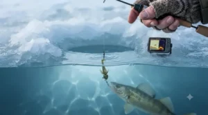 Diagram showing vertical jigging technique for walleye through a hole in the ice.