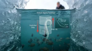 Technical drawing showing a precise vertical jigging motion with a tungsten bait under the ice.
