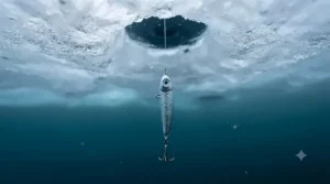 Angler holding a small finesse rod using a crappie ice fishing jig for vertical presentations.