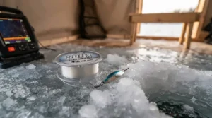 A successful ice angler unhooking a trophy walleye caught through a frozen auger hole using a rattle spoon.