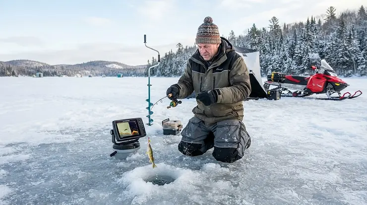Professional angler using walleye jigs for ice fishing on a frozen Canadian lake.