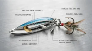 Close-up of a lightweight zinc alloy build used in premium flutter spoons for ice fishing.