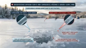 Diagram demonstrating line durability against sharp ice edges and fish teeth in a fluorocarbon vs monofilament ice fishing comparison.