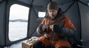An ice angler in winter gear tying a knot with braided line for ice fishing inside a shelter.