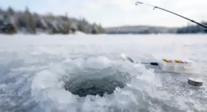 Ice angler inside a portable shelter on a frozen Canadian lake spooling fluorocarbon ice fishing line.