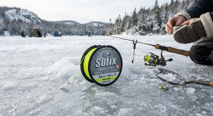 A spool of high-visibility braided ice fishing line resting on thick winter ice on a frozen Canadian lake.