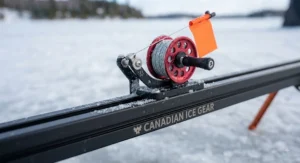 Close-up view of durable rail tip-up gear designed for harsh Canadian winter conditions.