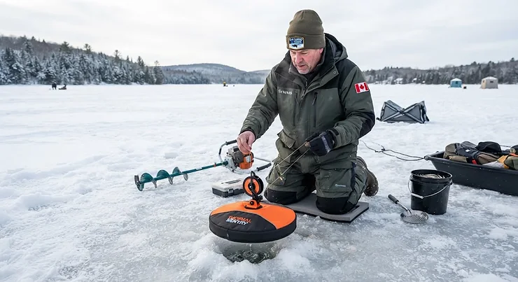 An angler setting up a reliable thermal tip-up on a frozen Canadian lake during winter ice fishing season.