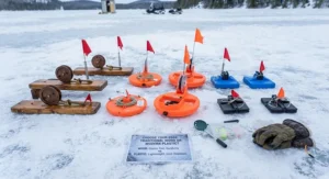 A selection of wooden and plastic tip-ups laid out on snow to help Canadian anglers choose the best gear.