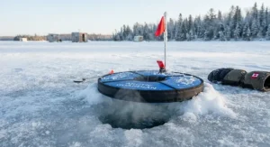 Detailed view of a thermal tip-up set up on a frozen Canadian lake, emphasizing freeze protection.