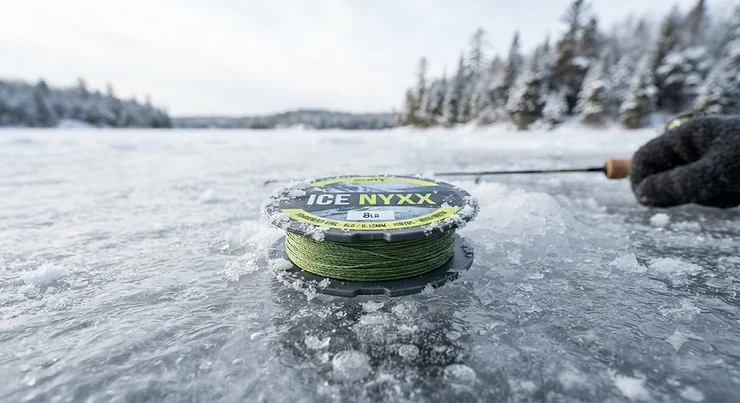 A spool of specialized braided line for ice fishing resting on a frozen Canadian lake.