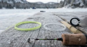 A close-up comparison of thin braided ice fishing line and traditional monofilament line on a frozen dock.