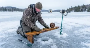 A Canadian ice fisherman drilling an auger hole and positioning a wooden tip-up for northern pike.