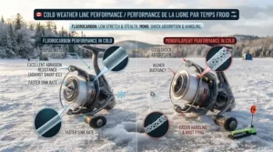Technical illustration showing ice build-up resistance on reels during sub-zero Canadian winter conditions in a fluorocarbon vs monofilament ice fishing comparison.