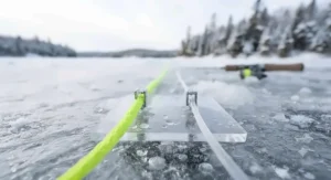 Visual comparison showing braided line for ice fishing next to traditional monofilament line.
