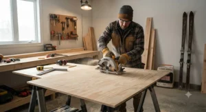 A woodworker cutting the plywood base for a custom ice fishing smitty sled in a garage workshop.