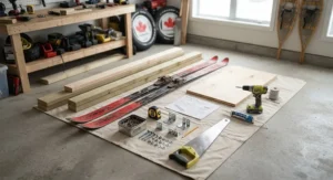 Materials laid out for building a DIY smitty sled for ice fishing, including salvaged downhill skis and lumber.