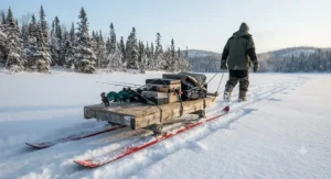 A custom DIY Smitty sled gliding smoothly over deep winter snow in northern Canada