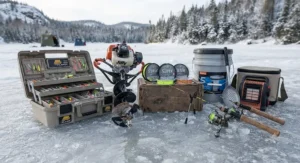 Essential ice fishing gear including tackle boxes, augers, and spools of braided ice fishing line ready for a Canadian weekend.