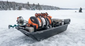 A collection of durable thermal tip-ups packed neatly inside a utility sled alongside other ice fishing gear.