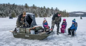 Group of anglers using a large jet sled for ice fishing on a frozen northern lake.