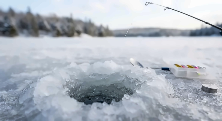 Angler setting up a clear fluorocarbon ice fishing line on a frozen lake during a Canadian winter.