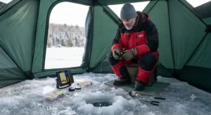 Flexible fluorocarbon ice fishing line showing low memory and high knot strength in sub-zero temperatures.