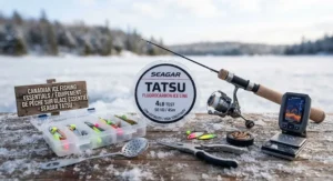 Close-up of a spool of transparent fluorocarbon ice fishing line designed for cold weather resilience.