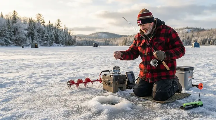 An angler comparing fluorocarbon vs monofilament ice fishing lines next to an ice hole on a frozen Canadian lake.