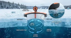 A close-up diagram illustrating how thermal tip-ups insulate the ice hole to prevent freezing in extreme Canadian winter temperatures.