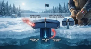 Illustration explaining the insulating mechanism of thermal tip-ups used for ice fishing in Canada.