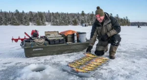 Successful ice fishing day with perch displayed next to a utility jet sled for ice fishing.